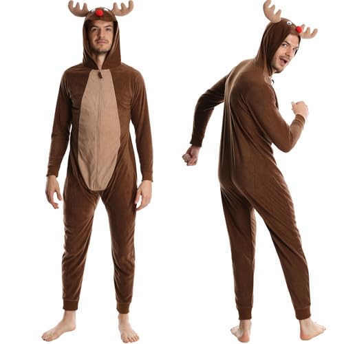 SLEEPHERO Men’s Fleece Onesie – Full Zip Union Suit with Hood – Soft Adult One-Piece Pajamas Reindeer Medium