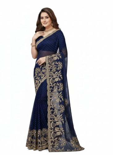 Image of M /S Sarvdhya Enterprises Women's Premium Heavy Work Georgette Saree with Unstitched Blouse Piece (Navy Blue)