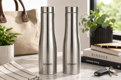 Image of Solimo Water Bottle Quality Hi-Rise Stainless Steel Single Wall 1000ML, Fridge Water Bottle |BPA Free | single wall Leak-Proof, Best for School /Office /Home /College /running (Pack 2)