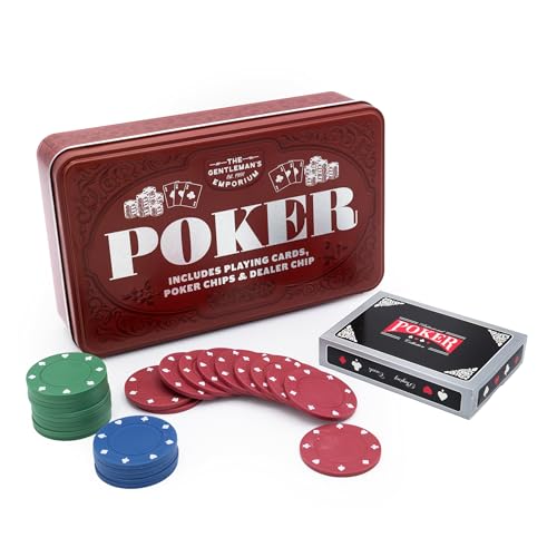 The Gentleman’s Emporium | Poker Set in Burgundy Tin | Cards, Chips & Dealer Button | Stylish Men’s Gift