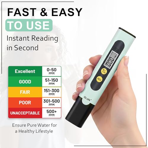 Image of GLUN Water Quality Tester Device TDS Meter, Pack of 1 Accurate & Reliable, 0-9990 ppm, Sage Tint Green Colour, Ideal Testing for Drinking Water, Aquariums or Other