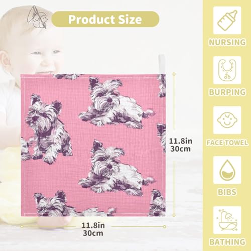 Image of Dog Pattern Pink Baby Washcloths - 5 Pack Muslin Cotton Face Towels for Baby Newborn Girls and Boys - Soft and Absorbent - 11.8 Inch