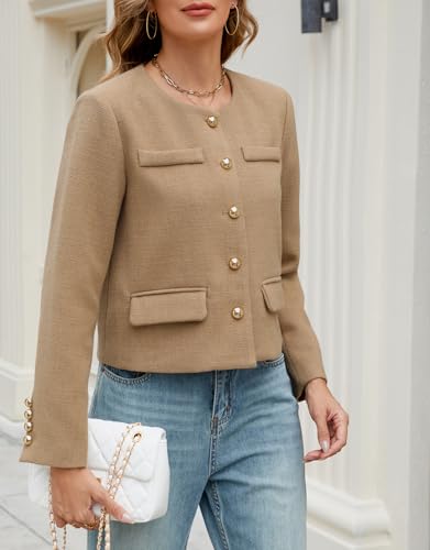 Ladyful Womens Cropped Tweed Blazer Jacket Collarless Long Sleeve Office Work Coat Fall Business Outerwear4
