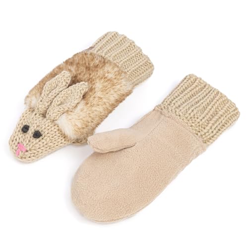 Warm Knit Winter Mittens for Girls Ages 3-12 Years, Double-Layered, Fun Bunny Rabbit Design for Children, Toddler to Big Kids3