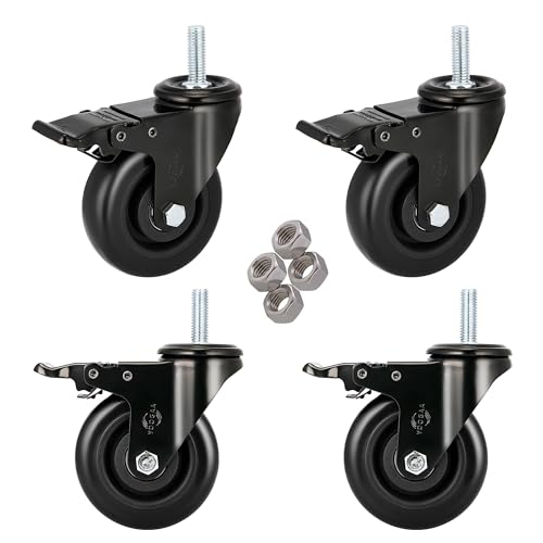 Stem Caster Wheels 4” with Safety Dual Locking Heavy Duty Threaded Casters No Noise Swivel Castors with Brakes 1200 Lbs Load Capacity 1/2”-13x1.5”