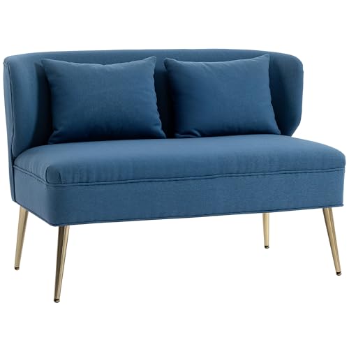 HOMCOM 2 Seater Sofa, Linen-look Fabric Upholstered Small Sofa with Wing Back, Thick Seat, Metal Legs, Loveseat for Living Room, Bedroom, Home Office, Studio, 117 cm, Dark Blue