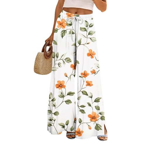 Summer Pants for Women Loose Floral Elastic High Waist Drawstring Wide Leg Pants Lounge Beach Palazzo Trousers with Pockets