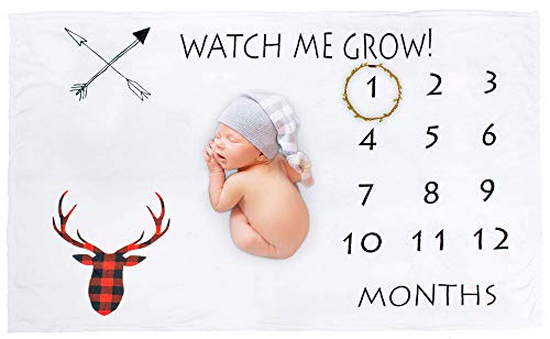 Deer / Elk Baby Milestone Blanket Unisex - Monthly Milestone Blanket - 60 x 40 Inches - Boy Milestone Blanket with Milestone Blanket Marker and Checkered Bib - Gifts for Baby Shower