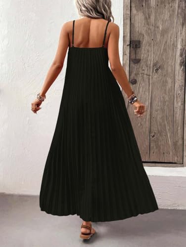 Image of Women's Summer Casual V Neck Sleeveless Strappy Pleated Flowy Loose Maxi Long Beach Dress
