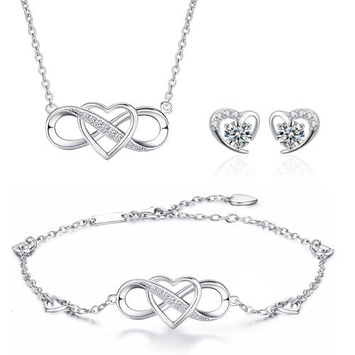 Gkaopi Parure Ensemble de Bijoux Femme Symbole Infini Cœur Collier Bracelet et Boucle d'oreille en Argent 925, Oxyde de Zircon Incrusté Réglable Pendentif...