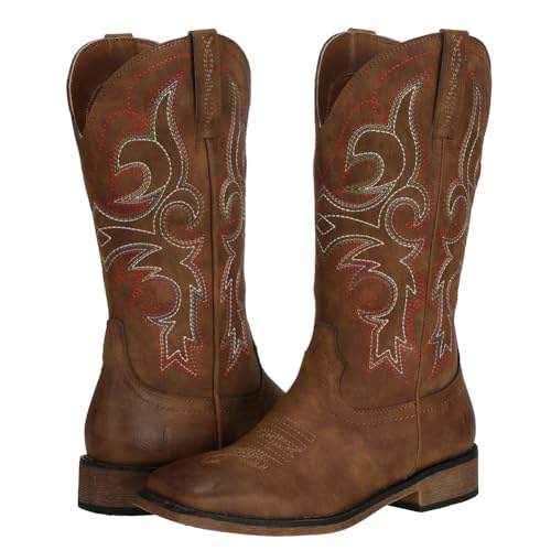 J's.o.l.e Womens Square Toe Cowgirl Cowboy Boots Mid Calf with Chunky Heel Retro Embroidery Western Boots3