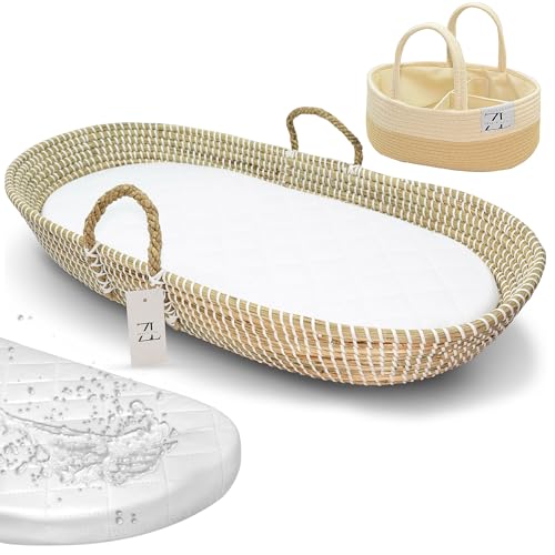 Image of ZEAL'N LIFE Baby Changing Basket, Seagrass Basket with Diaper Basket & Baby Changing Pad with Changing Pad Cover - Moses Baskets for Newborn, Changing Table, Moses Basket for Newborns (31 Inch)