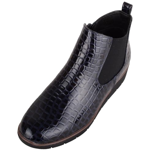 ABSOLUTE FOOTWEAR Womens Faux Patent Leather Wedge Ankle Chelsea Boots with Twin Gusset - Navy - UK 7