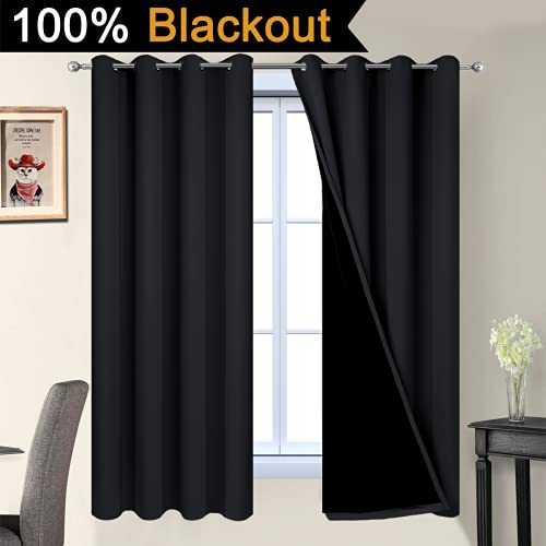 Image of Yakamok Black 100% Blackout Curtains 63 Inches Long for Bedroom 52 inch Wide | Blackout Curtain Panels for Bedroom, 2 Thick Layers Grommet Top Thermal Insulated Drapes with Black Liner for Living Room