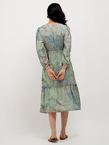 Image of AASK Abstract Printed Puff Sleeve Gathered Detailed Fit Flare Dress