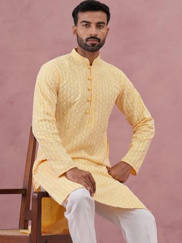 Image of Jompers Floral Embroidered Kurta With Churidar (Lemon, XXL)