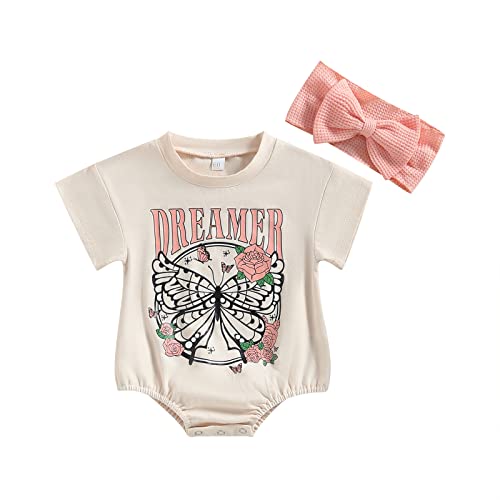 Image of Cute Infant Baby Girl Summer Bodysuit with Headband Set, Butterfly Letters Print Romper One Piece Outfit