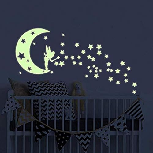 Image of Moon Glow in Dark Wall Stickers, Benbo Fairytale Fairy and Stars Vinyl Luminous Wall Decals for Nursery Kid's Room DIY Home Decor Mural Decoration