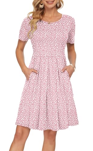Image of AUSELILY Women's Short Sleeve Pleated Swing Summer Dress with Pockets | Knee-length short sleeve dress, empire waist & pockets, ideal for casual daily wear and vacation