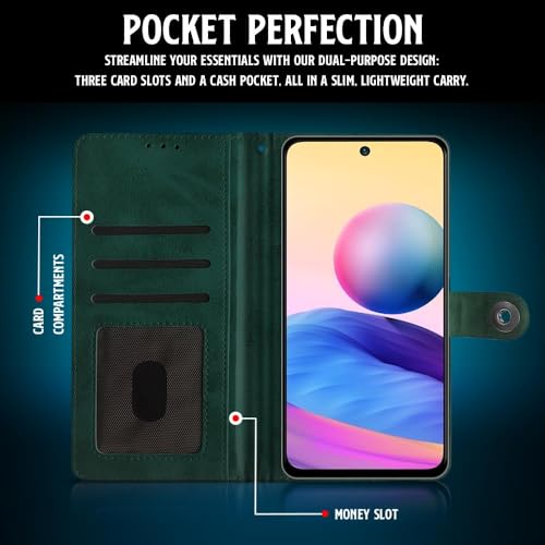 Image of WOW IMAGINE Shock Proof Flip Cover Back Case for Xiaomi Redmi Note 10T 5G | Poco M3 Pro 5G (Magnetic Button Flip Case | Wallet Pockets & Stand | Leather Finish | Forest Green)