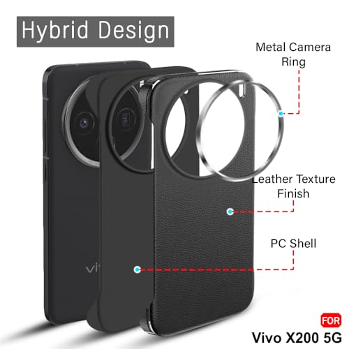Image of TheGiftKart Hybrid Ultimate Slim Back Case Cover for Vivo X200 5G | Lightweight Profile | Hard Back Case Cover for Vivo X200 5G (PC & TPU, Metal Camera Ring, Leather Texture Finish, Black)