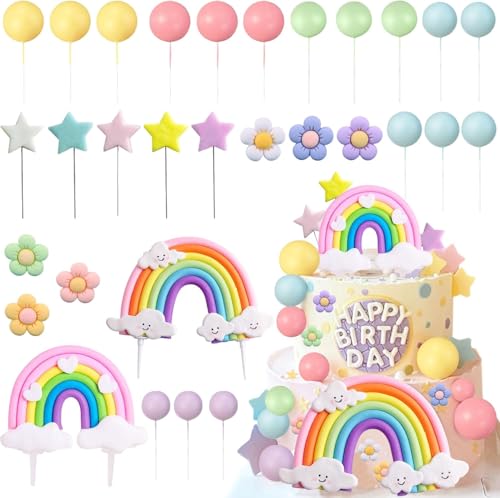 38PCS Cake Topper, Decoracion de Tarta, Arcoiris Globos Estrellas Flores Decoración para Tartas, Bolas Decorativas para Tartas, Decoración Tarta Arcoiris, para Bodas, Fiestas, Cumpleaños