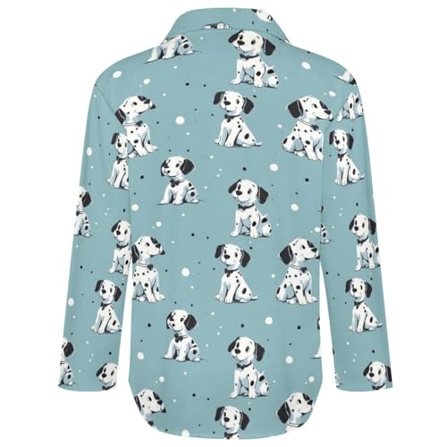 Süßes gepunktetes Hunde-Hemd mit Knopfleiste für Damen, langärmelig, Button-Up-Shirt, Bluse, Tops, lässig, Mehrfarbig, XXL