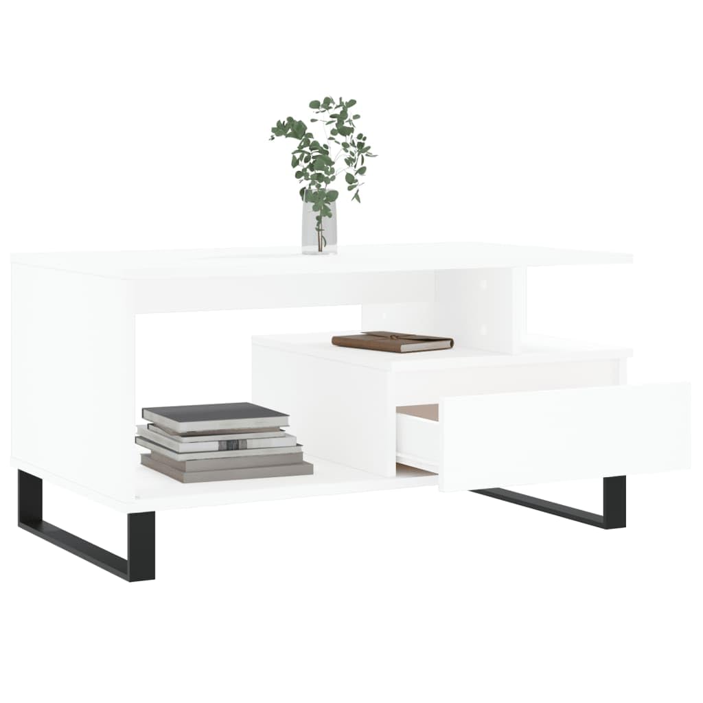 Tavolino bianco 90 x 49 x 45 cm, in legno con cassetto, gambe in metallo, tavolino moderno per soggiorno, elegante ripiano