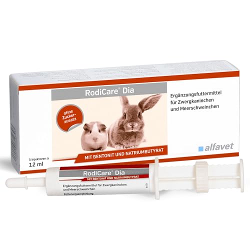 Alfavet RodiCare Dia, Ergänzungsfuttermittel für Zwergkaninchen und Meerschweinchen, bei Durchfall, mit Natriumbutyrat, zuckerfrei, 3 Injektoren à 12 ml