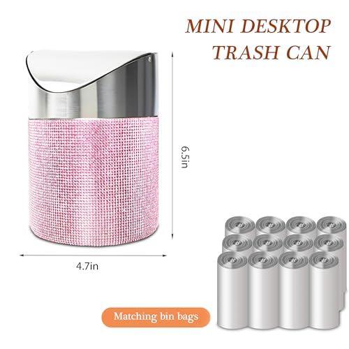 Image of Mini Countertop Trash Can with 10 Rolls of Trash Bags, Tiny Desk Trash Cans | with Press Type Lid, Desktop Trash Can Applicable for Bathroom Vanity Home Office