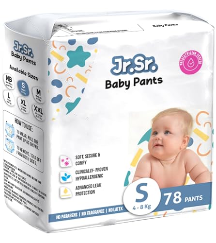 Jr. Sr. Baby Diaper Pants with Advanced Leak Protection | Soft & Comfortable| Small | 4-8 Kg | 78 Counts | Pack of 1