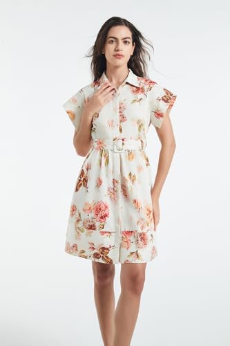 Image of D-Sun Women Button Down Shirt Dress V-Neck Floral Printed Short Sleeve Mini Dress Casual Belted Short Party with Pocket