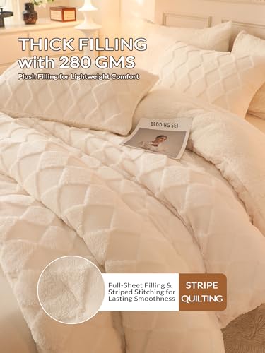 Image of Tufted Fleece Comforter Set King - Super Soft Warm Fluffy Shaggy Bedding Sets, Diamond Plaid Jacquard Bed Set for Winter, 1 Sherpa Comforter with 2 Pillow Cases (104 inchX90 inch Ivory White)
