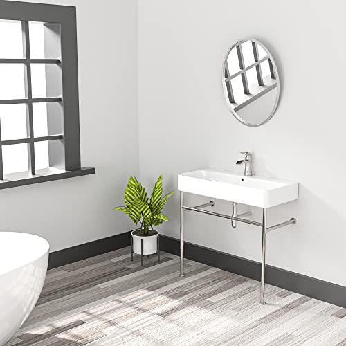 White Console Sink Vessel - Sarlai 35 Inch Console Sink White Ceramic Bathroom Vanity Sink Basin With Silver Chrome Steel Pedestal Leg #TOP3