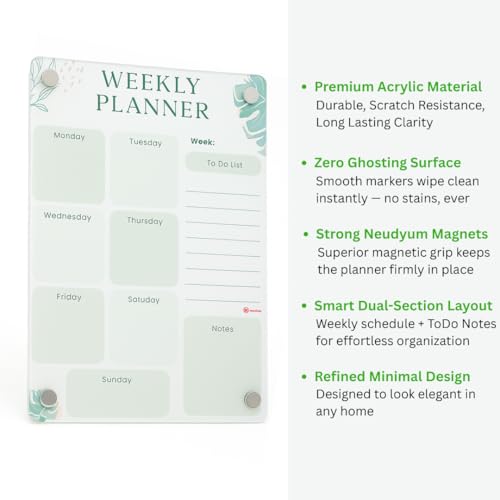 Image of Magnetic Weekly Planner & to-Do Board for Fridge (A4 - 21x30 cm) | Acrylic Dry Erase Chart for Kids & Adults | Strong Magnets, 2 Markers & Eraser Cloth | Meal Plan, Chores & Notes | Green
