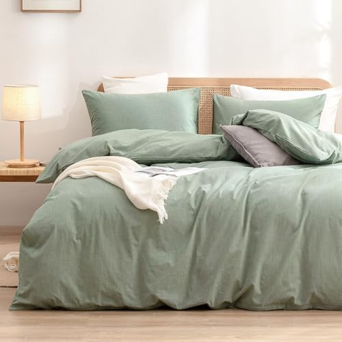 Image of BESTOUCH Cotton Solid Duvet Cover Set Linen Feel Green Super King Plus | 100% Washed Cotton, Soft Wrinkle Texture, Hidden Zipper, 8 Ties, Breathable Lightweight Durable Comfy, 3 Pcs No Insert
