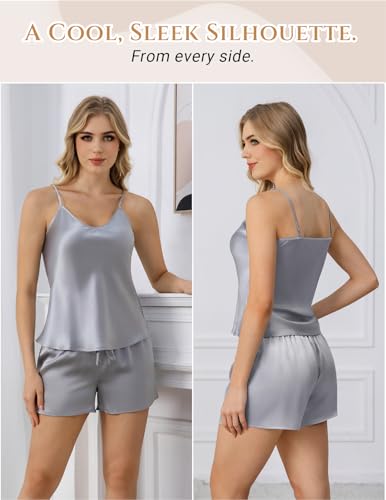 Image of THXSILK 100% Mulberry Silk Women Cami Pajama Set, Tank Top with Shorts Sleepwear, Adjustable Spaghetti Straps, Luxury Pj Set