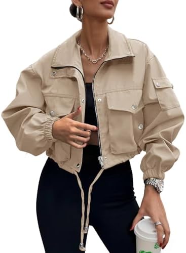Womens Cropped Bomber Jacket 2026 Trendy Zip Up Lightweight Utili...