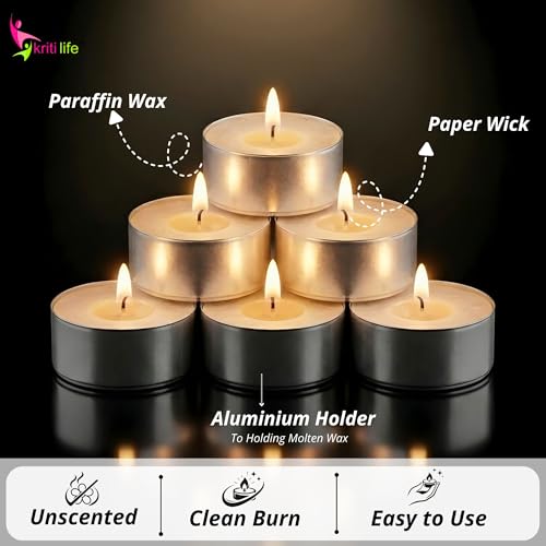 Image of Kriti Life Tealight Candles 100% Paraffin Wax | 9 Hours | Smokeless Unscented | Dripless White Candles for Home Decor | Wax Candles Set of 50
