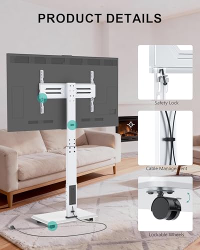 Image of WALI Rolling TV Stand with Power Outlet, Mobile Tall TV Stand Mount on Wheels for 39-75 inch TV up to 110 lbs, Swivel Height Adjustable TV Cart with Wood Base for Bedroom(TVDVD-7PRW), White