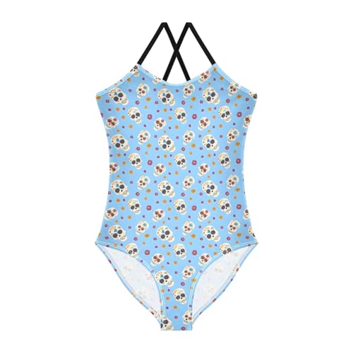 senya Girls Swimsuits One-Piece Swimwear Tie Bathing Suit Beach Summer Round Neck 5-6T Blue Skull Flower Pattern