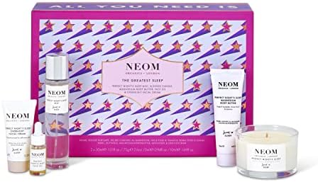 NEOM- The Greatest Sleep Gift Set, Perfect Night Sleep Pillow Mist, 30ml, Magnesium Body Butter 30ml, Face Oil, 5ml, Overnight Facial Cream 10ml & Travel Candle, 75g | Christmas Gift