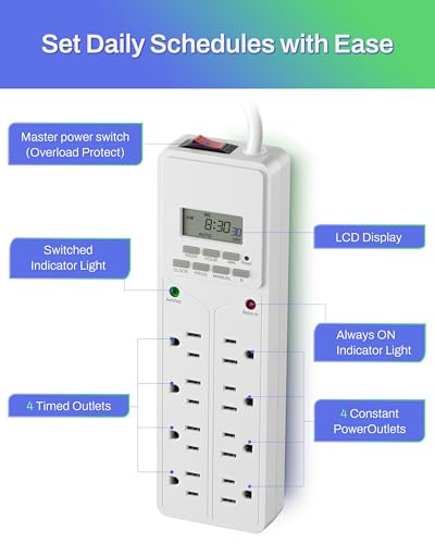 Image of BN-LINK 8 Outlet Surge Protector with 7-Day Digital Timer (4 Outlets Timed, 4 Outlets Always On) - White (Pack of 2)