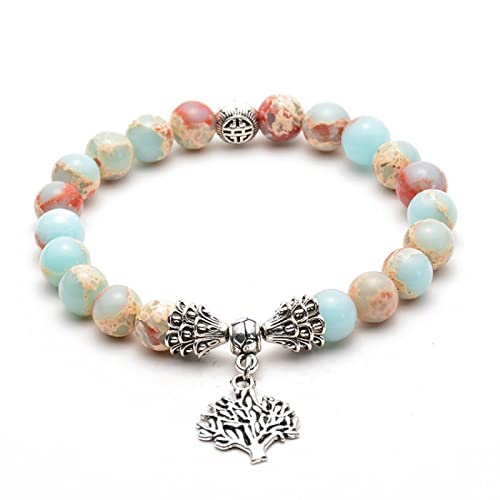 8mm Amazonite Stone Strand Bracelet For Women Men Volcanic Lava Tree Of Life Yoga Buddha Prayer Charm Bracelet 5 Colors,beige