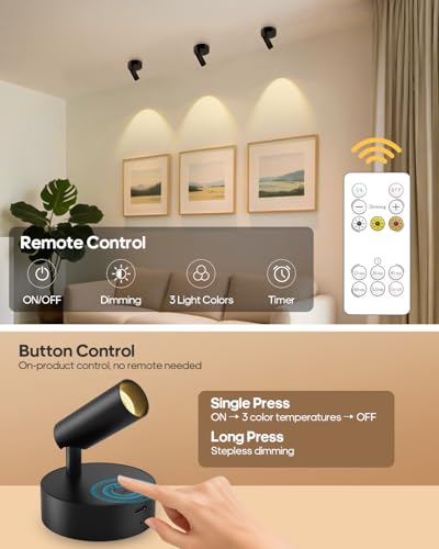 Image of GOODEA Spotlights Indoor with Remote, 3000mAh Rechargeable Battery Plant Spotlight Indoor, Wireless Uplighting with 3 Colors & Dimmable, LED Picture Light for Painting, Artwork Accent Lighting(2 Pack)
