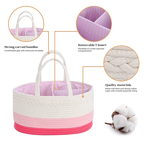 Image of luxury little Diaper Caddy Organizer, Large Cotton Rope Nursery Baby Basket, Changing Table Organizer for Baby Diaper Storage, Portable Car Organizer Removable Divider (Pink, Large)