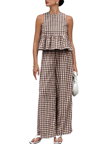 Tanming Womens 2 Piece Set Outfits Gingham Plaid Tank Tops Wide Leg Pants Matching Lounge Sets (Coffee-S)