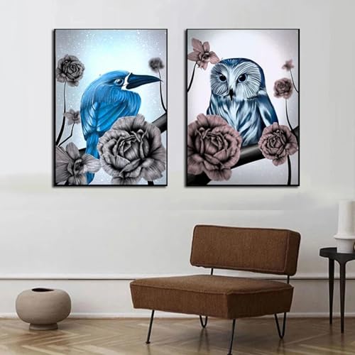 Toile oiseaux bleus et fleurs rose | Solution déco grand format 80x110cm pour mur vide salon