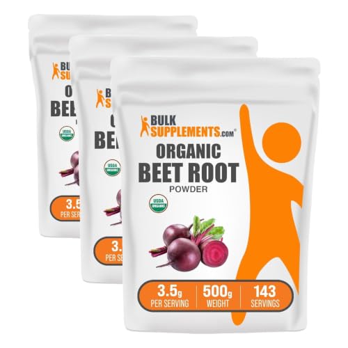 Image of BulkSupplements.com Organic Beet Root Powder - Superfood Supplement, Beet Root Supplements - Vegan & Gluten Free, 3.5g per Serving, 500g (1.1 lbs) (Pack of 3)