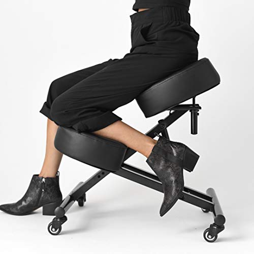 SLEEKFORM Kneeling Chair Height Adjustable | Ergonomic Posture Correcting Knee Stool for Bad Back Support, Neck Pain Relief, Computer Desk | Orthopedic Faux Leather Knees Cushions | Universal Wheels - Thumbnail 3